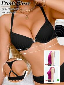 Women's Underwear Sexy Front Clasp Push Up Underwire Bra, Lace Beautiful Back Small Chest - Black - View 3