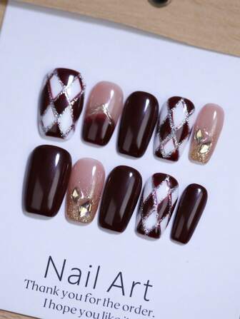 10 件方形短手绘酒红色和白色格子菱形图案 100% 手工制作按压指甲经典法式美甲设计手工指甲可重复使用假指甲片适合四季 DIY 美甲