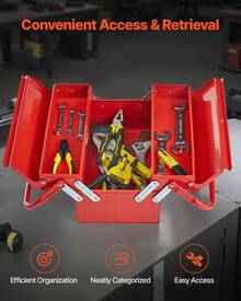 14" 2-Tier 3-Tray Folding Tool Box With Handle, Red - Red - View 5