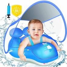 Flotador De Piscina Para NiñO Con Toldo, ProteccióN UPF50+, Flotador Inflable Para NiñO Con Parte Inferior De Apoyo De  De Piscina Para NiñO,Bomba Manual Incluida. - Azul - Ver 1