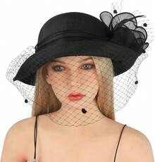 Sombrero de iglesia con flor para mujer con fascinador, sombreros para boda, fiesta del té, sombrero bombín, sombrero de cubo - Blanco - Ver 6