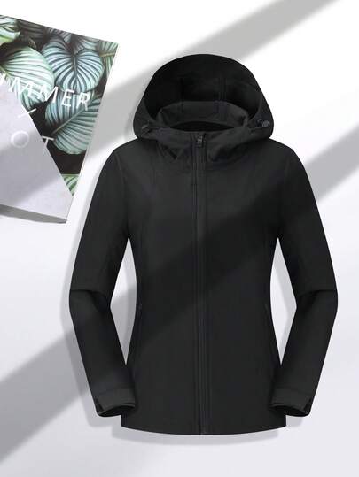 1pc Women's Soft Shell Fleece Jacket, Autumn/Winter Outdoor Hoodie, Hiking Sports Sweatshirt, Suitable For Outdoor Leisure Activities, Skiing Black