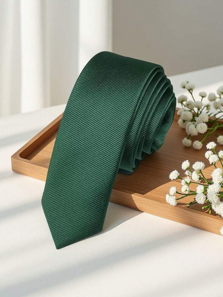 1 件男士时尚纯色深绿色斜条纹领带，百搭 - 墨綠色 - 查看 2