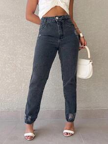 Kissmelady 8419 Tapered Jeans Zipper Women's Mom Jeans With Scratches 8419 - 黑色 - 查看 8