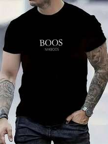 Una camiseta de verano casual para hombre de poliéster, con cuello redondo y mangas cortas, camiseta negra con estampado, con las letras BOOS NYKBOOS en un estampado sencillo, casual y simple, adecuada para salir y para el uso diario, con tela ligera y transpirable - Negro - Ver 1