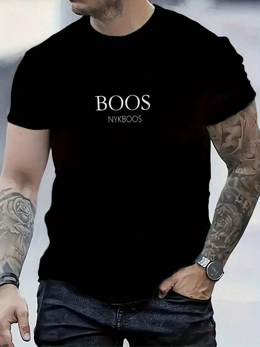 Una camiseta de verano casual para hombre de poliéster, con cuello redondo y mangas cortas, camiseta negra con estampado, con las letras BOOS NYKBOOS en un estampado sencillo, casual y simple, adecuada para salir y para el uso diario, con tela ligera y transpirable - Negro - Ver 1