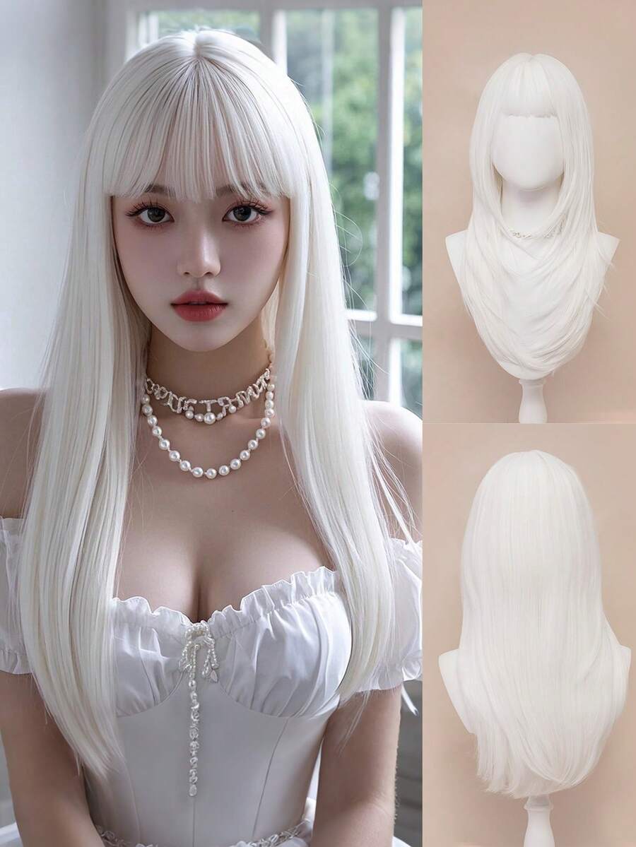 XYUNMI Sweet And Cute Christmas White Long Straight Wig 26 Inch With Bangs Wig Easy To Care Breathable Fluffy Natural Women's Heat Resistant Synthetic Fiber Wig Suitable For Daily Wear Holiday Party Wig Simple And Elegant Street Cosplay Halloween Back To School Fashion Wig