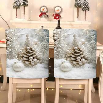 1/4/6/10 stuks kerstmini-dennenappel, parelmoer, met glitter versierde kerstbomen, gecombineerd met zilveren decoratieboom, witte balprint pluche stoelhoes, afneembare korte pluche stoelbeschermer, geschikt voor alle seizoenen, feestelijke stoelhoes voor eetkamer, woonkamer, stoelen met rugbescherming, geschikt voor restaurants, kantoren, woonkamers, hotels en huisdecoratie