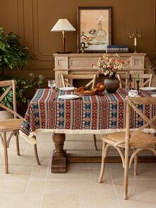 1 件波西米亚红色几何提花桌布，米色蕾丝花边装饰，适用于农舍厨房、餐厅、咖啡桌、床头柜、橱柜罩，适合晚餐、派对、生日、节日活动、所有季节、秋季 - 彩色 - 查看 1