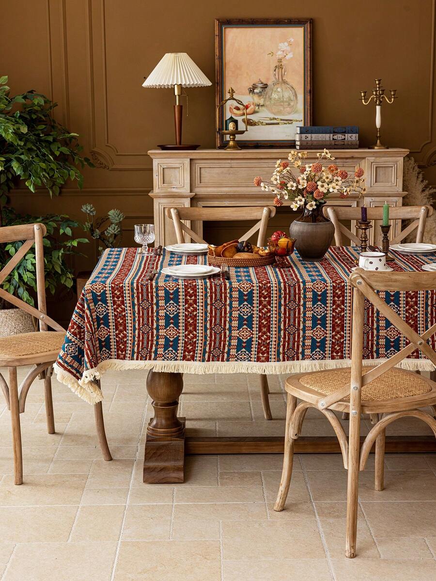 1 件波西米亚红色几何提花桌布,米色蕾丝花边装饰,适用于农舍厨房、餐厅、咖啡桌、床头柜、橱柜罩,适合晚餐、派对、生日、节日活动、所有季节、秋季 - 彩色 - 查看 1