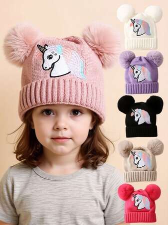 1 pieza Gorro de punto con bolas de pompón de unicornio, gorro de invierno cálido para niños pequeños/niños, adecuado para niños de 3 a 10 años