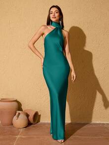 Váy phù dâu dài bằng vải satin không tay màu xanh lá cây - màu xanh lá - Xem 5