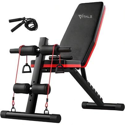 VITALZ Banco de Pesas Plegable y Multifuncional - Resistente hasta 300kg - Banco de Gimnasio Plegable y Ajustable - Incluye cuerda para saltar de regalo