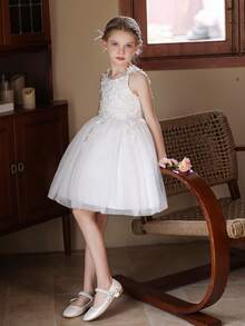 少女白色蕾丝刺绣薄纱花童婚纱 - 白色 - 查看 9