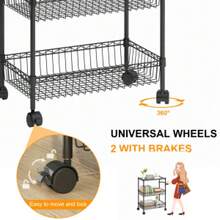 Studyset 3 Tier Heavy Duty Rolling Cart,Rolling Storage Cart With Wheels, Metal Kitchen Cart With Baskets Handles,Wire Shelving Rolling Snack Storage Cart Utility Trolley For Kitchen, Dining Room, Home Office - Black - View 5