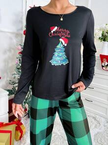 2pcs Christmas Letter & Christmas Tree Print Long Sleeve Top + Plaid Print Pants Pajama Set, Winter Clothes - Multicolor - View 6