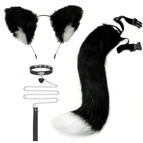 Diadema con orejas de gato para disfraz de Halloween, decoración de cola de gato, accesorios para el cabello de niña gato lindos, conjunto de disfraz de cola de animal (no para adultos)