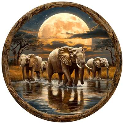 1 sztuka Boho Elephant Wall Art - Okrągła, żelazna dekoracja ścienna 8x8 cali z nadrukiem 2D słonia, scena zachodu słońca z afrykańskiej sawanny, idealna do domu, biura, kawiarni, na imprezę i jako prezent, dekoracja biurowa | Afrykańska sztuka zachodu słońca | Ekspozycja ścienna, dekoracja słonia