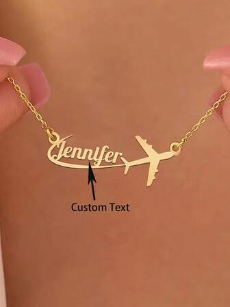 Customized Stainless Steel Airplane Name Necklace - Women's Personalized Jewelry, Suitable For Daily Wear And Gifting, Elegant "Jennifer" Font Design, Perfect For Birthday, Graduation Or Casual Accessory