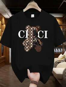 Men's T-Shirt 100% Cotton Blouse Bear Gu Premium Mesh Short Sleeve Round Neck Shirt - 黑色 - 查看 1