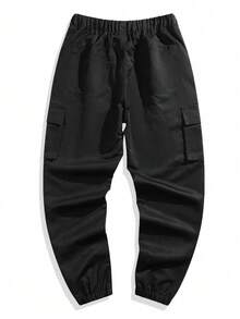 2pcs Tween Boys Casual Sports Outdoor Pocket English Graphic Cargo Pants, Spring/Autumn - Black - View 2