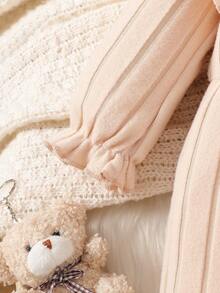 Pelele de manga larga con cuello de volantes y diadema con lazo para bebé niña, unicolor albaricoque, uso casual de otoño/invierno