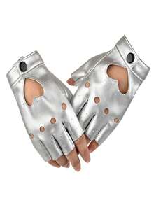 1 Pair Women's Fashion Y2K Fingerless Punk Leather Gloves, Suitable For Nightclub, Dancing, Cycling - Silver - View 1