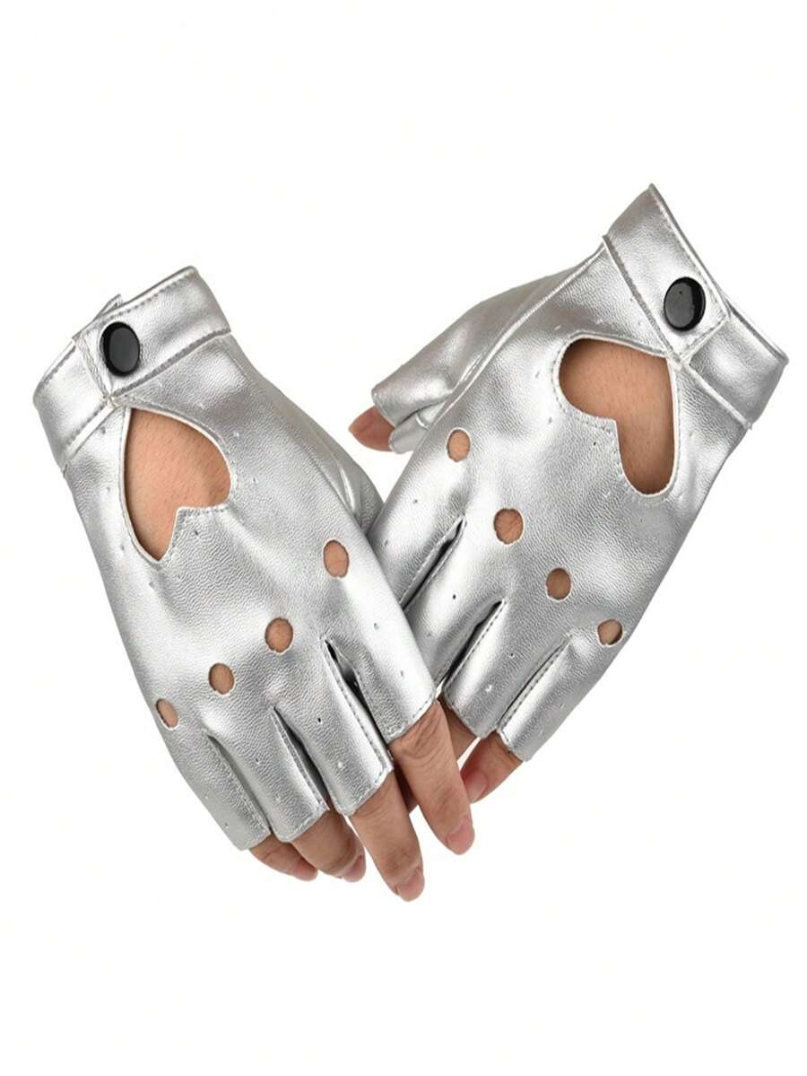 1 Pair Women's Fashion Y2K Fingerless Punk Leather Gloves, Suitable For Nightclub, Dancing, Cycling - Silver - View 1