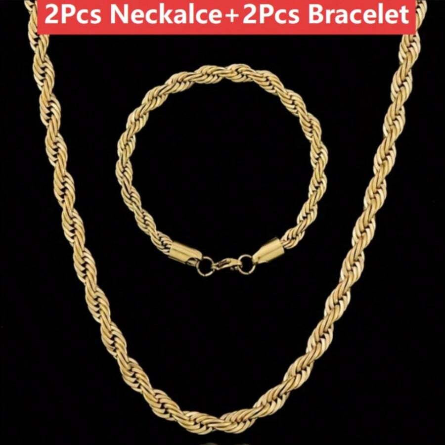2Set/4Pcs 5mm Rope Chain Set Mens Womens Rope Chain Necklace&Bracelet 5mm Rope Chain Stainless Steel Jewelry For Gift - 金色 - 查看 1