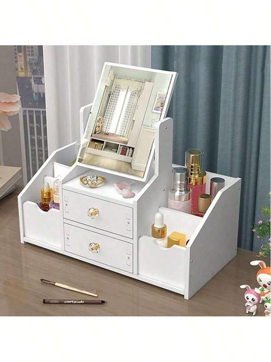 Swivel Dormitory Dresser, Student Dormitory Dresser With Makeup Mirror, Small Makeup Storage Table, Desktop Storage HD Makeup Mirror, Large Capacity Multi-Layer Organizer, Suitable For Home, School. - 白色方鏡 - 查看 1