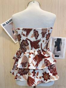 Printed Cropped Blouse With Elastic Ruffle - Coffee Brown - View 2