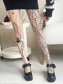 1 双裸色万圣节女式渔网紧身裤，薄蕾丝蜘蛛网哥特式 AB 连裤袜，蜘蛛条纹交叉紧身长袜，Y2K 性感黑色紧身袜 - 金色 - 查看 4