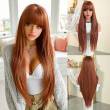 7JHH WIGS 34 Inch Extra Long Straight Maple Leaf Orange Wig With Bangs - Super Long Natural Layered Wigs, High Quality Soft Synthetic Fiber Wigs For Women Daily Wear, Festival Ready Party Use, Graduation Gift - Beginners Glueless Wig Accessories - trái cam - Xem 11