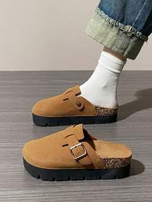 春季新款厚底勃肯休闲一脚蹬鞋，编织鞋底勃肯鞋，女士包头厚底凉鞋 - 駝色 - 查看 3
