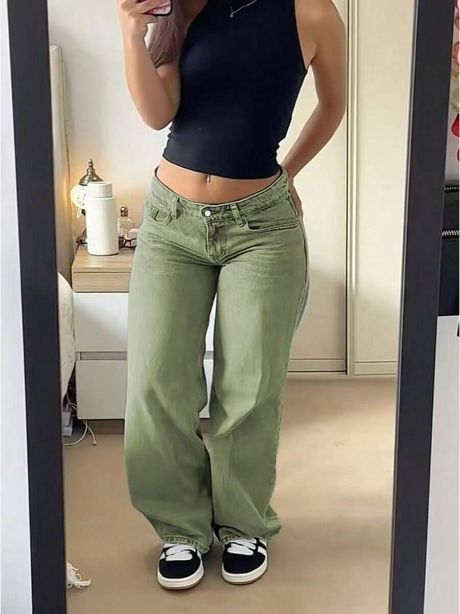 Women's Fashion Casual Straight Leg Jeans, Medium Stretch Fabric - Army Green - View 1