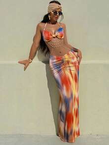 Women's Two Piece Maxi Skirt Sets Summer Beach Sexy Ruched Backless Pearls Chain Decor Crop Top And Cut Out Skirt - 橘色 - 查看 2