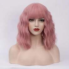 Short Wavy Curly Wig Lovely Pink Bangs Wig Women Cosplay Halloween Wigs Heat Resistant Party Wig (Lovely Pink) - Dark Blue - View 6