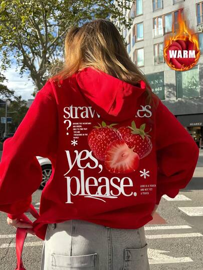 Felpa da donna con stampa a lettera fragola, colore unito, con cappuccio e cordoncino, in tessuto di cotone, stile casual college adatto per primavera/estate, ideale per sport all'aperto, abbinabile in coppia