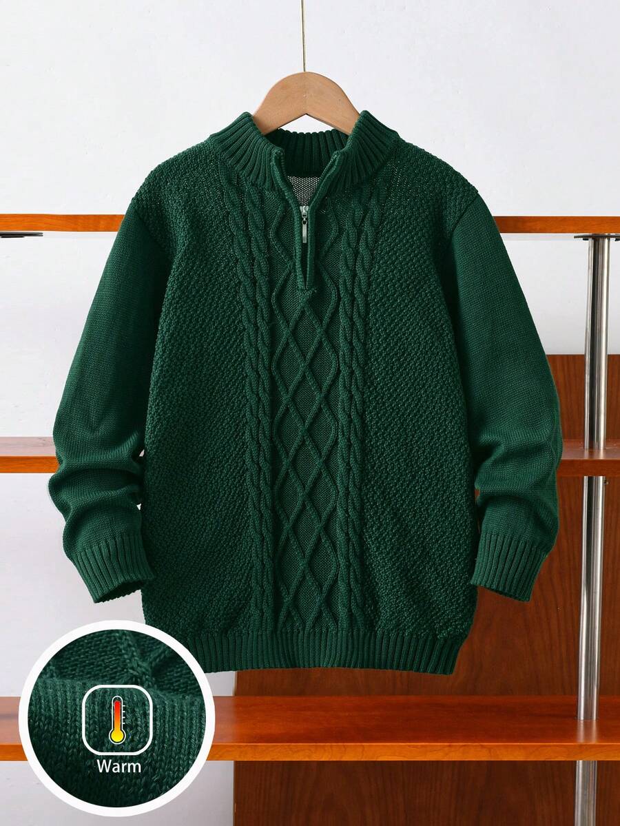 Boys' Solid Color Cable Knit Half Zip Sweater, School Style, Suitable For Spring, Autumn And Winter - Green - View 1