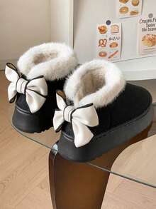 女士 EVA 厚底蝴蝶结设计保暖内衬防滑平底休闲鞋，温暖时尚，适合秋冬季 - 黑色 - 查看 3