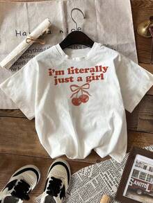 I'm Literally Just A Girl Slogan Graphic Tee For Women, Casual Style Short Sleeve Round Neck Top With Cute Cherry Pattern, Comfortable Everyday Wear, Available In Multiple Sizes - trắng - Xem 2