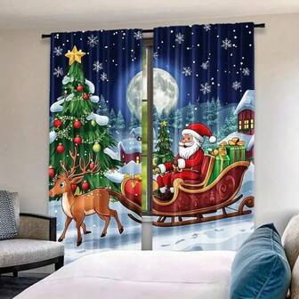 2 piezas Cortinas decorativas con diseño de escena de Papá Noel, renos y nieve, hechas de fibra de poliéster, adecuadas para decoración de ventanas en dormitorios, salas de estar, habitaciones infantiles, etc., apropiadas para temas navideños, estilo nórdico cálido y otros estilos hogareños, estilo de barra