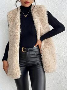 女式秋季斜口袋前开无袖背心夹克外套，秋冬服装 - 杏色 - 查看 6