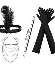 1920er Jahre Damen Party Makeup Ball Kopfschmuck, Ohrringe, Feder eleganter glamouröser Haarschmuck 4er Set für Halloween Party Abschlussball - Schwarz - Übersicht 1
