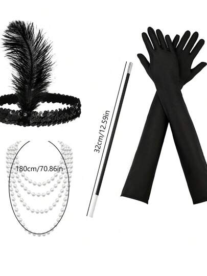 Conjunto de 4 piezas para fiesta de Halloween o baile: diadema, pendientes, plumas y tocado elegante y glamoroso estilo años 20 para mujer