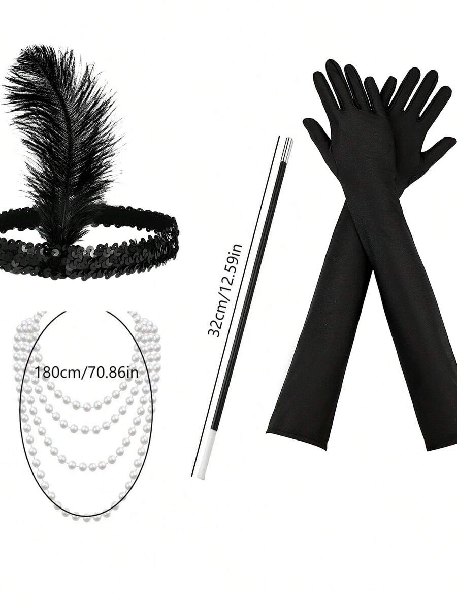 1920er Jahre Damen Party Makeup Ball Kopfschmuck, Ohrringe, Feder eleganter glamouröser Haarschmuck 4er Set für Halloween Party Abschlussball - Schwarz - Übersicht 1
