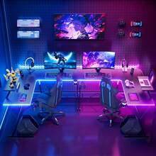 Modern L-Shaped Gaming Desk With Movable Monitor/Tablet Stand, Esports Desk, Game Table, Metal Frame Computer Table With Black Willow Wood Tabletop Or Carbon Fiber Desktop, Versatile L Shaped Corner Desk With Speaker + Light Strip + Headphone Hook + Cup Holder, Area Of Large Desk Surface: 10.59 Ft², Monitor Stand: 1.04 Ft², 51.03"X51.03"X29.25" - B & CF Desktop + Light Strip + Cup Holder + Headphone Hook - View 7
