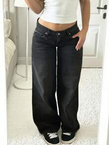 MYOURSA Women's Low Rise Baggy Jeans Black Washed Y2K Wide Leg Denim Pants Vintage Streetwear - màu đen - Xem 3