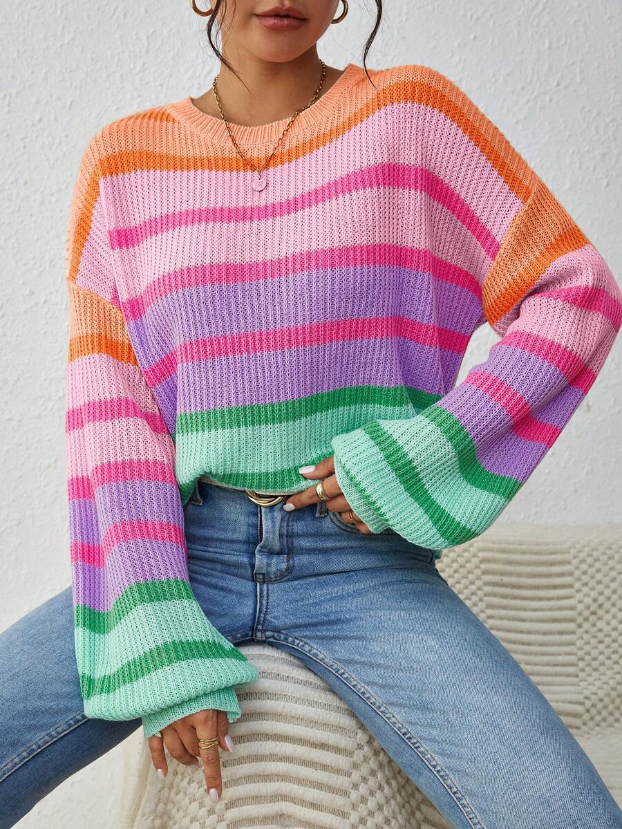 Women's New Winter Rainbow Striped Loose Knit Sweater