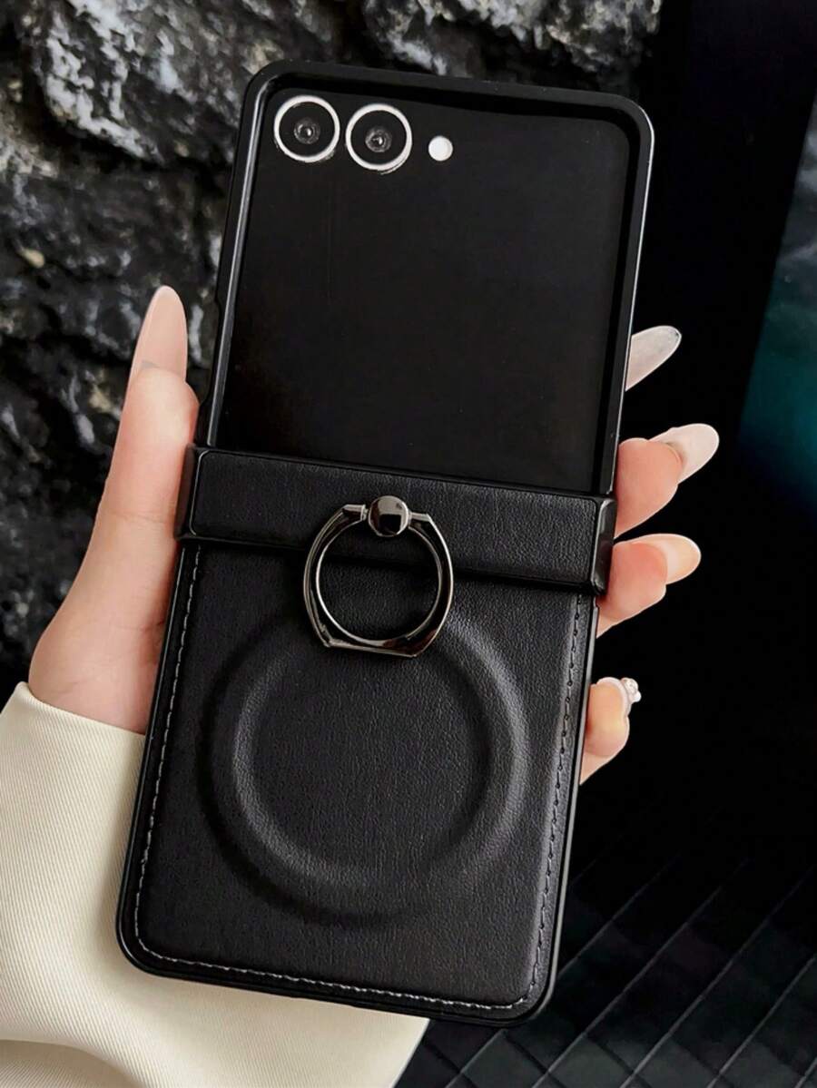 Genuine Leather Phone Case With Magnetic Ring Holder For Samsung Galaxy Z Flip 7 6 5 4 3, Shockproof Solid Color Back Cover